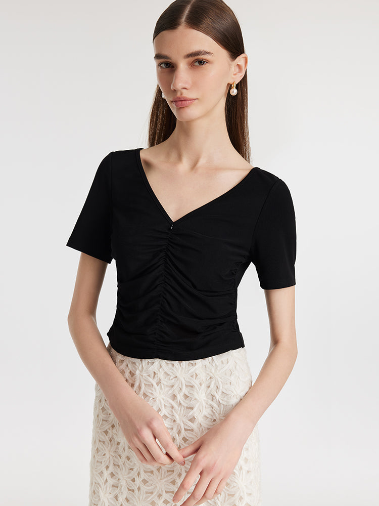 Ruched Women Knitted Top With Detachable 3D Rose GOELIA