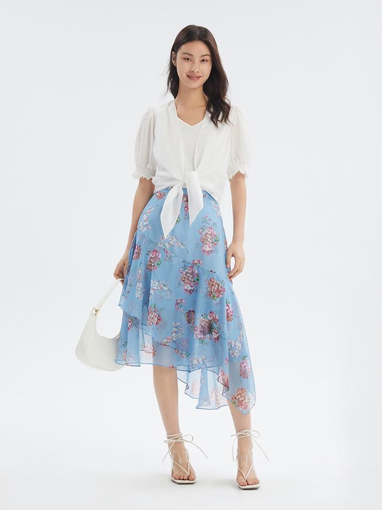 Floral Print Asymmetrical Ruffle Skirt GOELIA