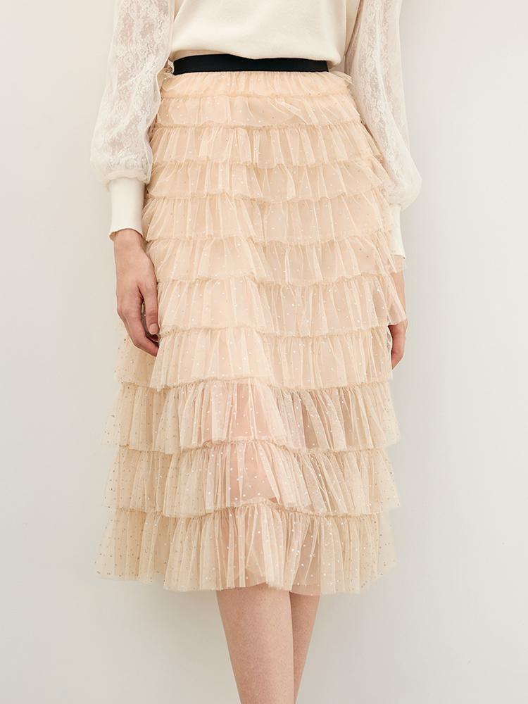 Beige Mesh Layered Skirt GOELIA