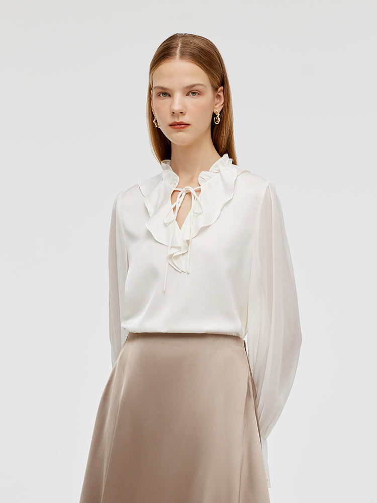 22 Momme Mulberry Silk Ruffle Collar Women Shirt GOELIA