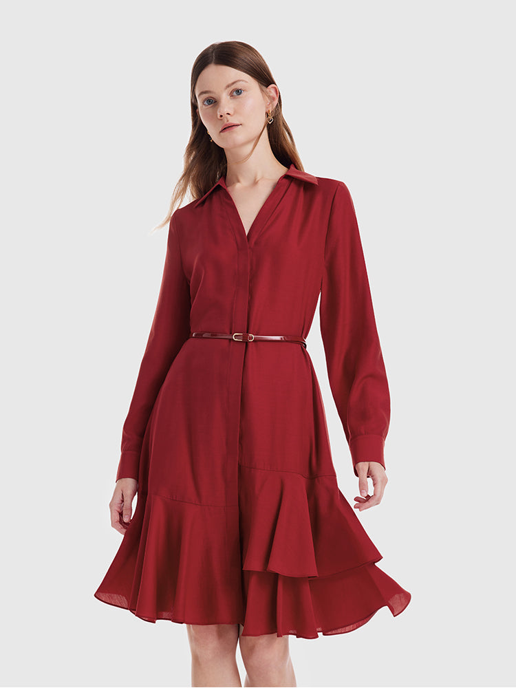 V-neck Aceticacid Midi Dress With Belt GOELIA