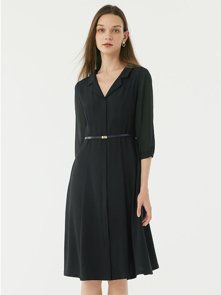 Black Gathered Waist Midi Dress GOELIA