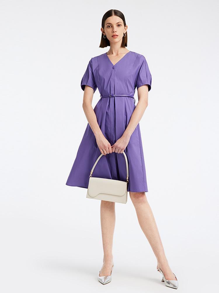 Cotton Short Sleeve V-neck Mini Dress With Belt GOELIA