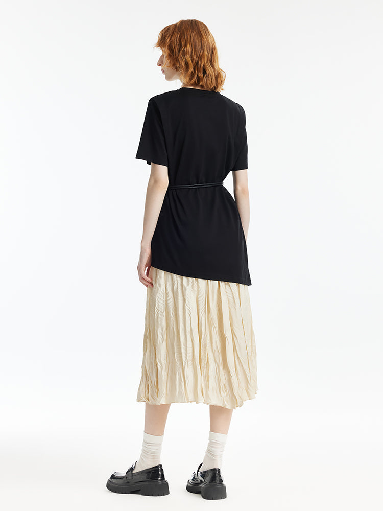 Asymmetrical Hem T-Shirt And Ruched Skirt Two-Piece Set With Belt GOELIA