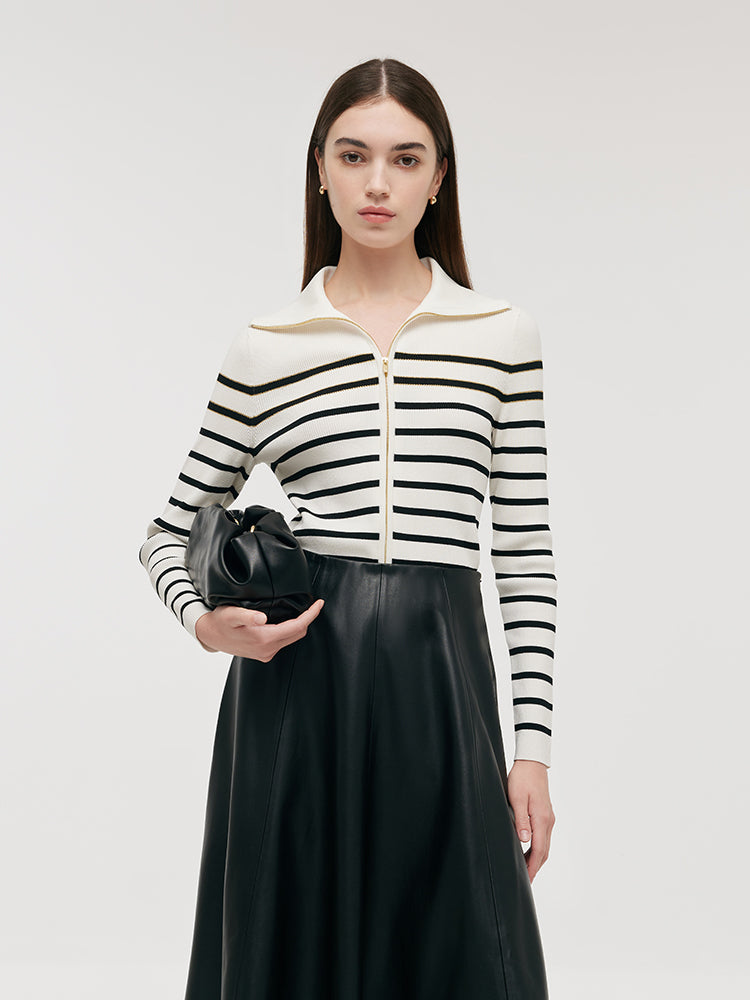 Black And White Stripe Zip-Up Women Cardigan GOELIA