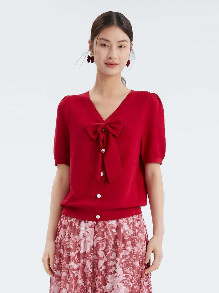 Red V-neck Detachable Bowknot Top GOELIA