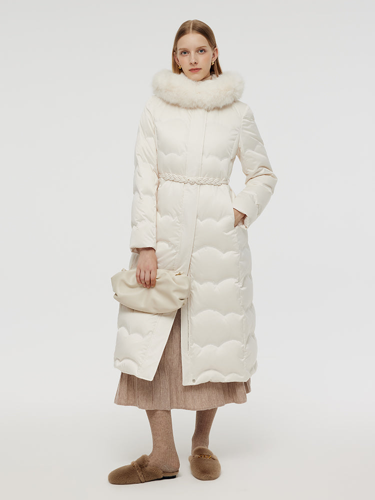 Belted Long Goose Down Coat With Detachable Faux Fur Hood GOELIA