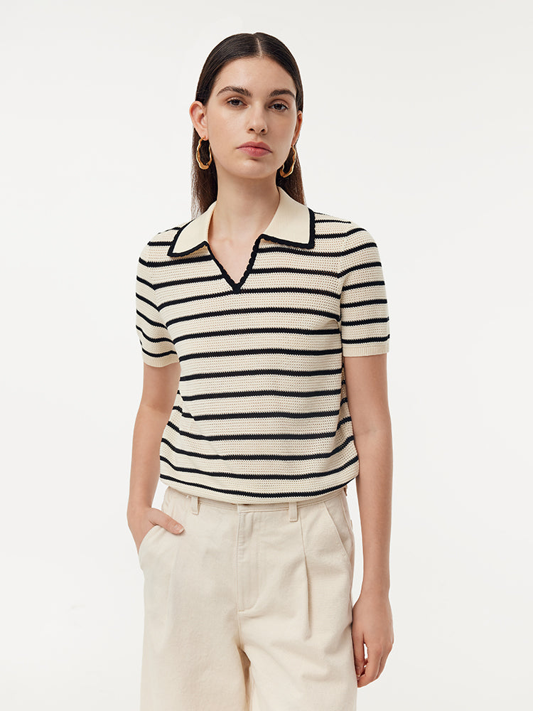 Tencel Beige And Black Stripe Women Knit Top GOELIA