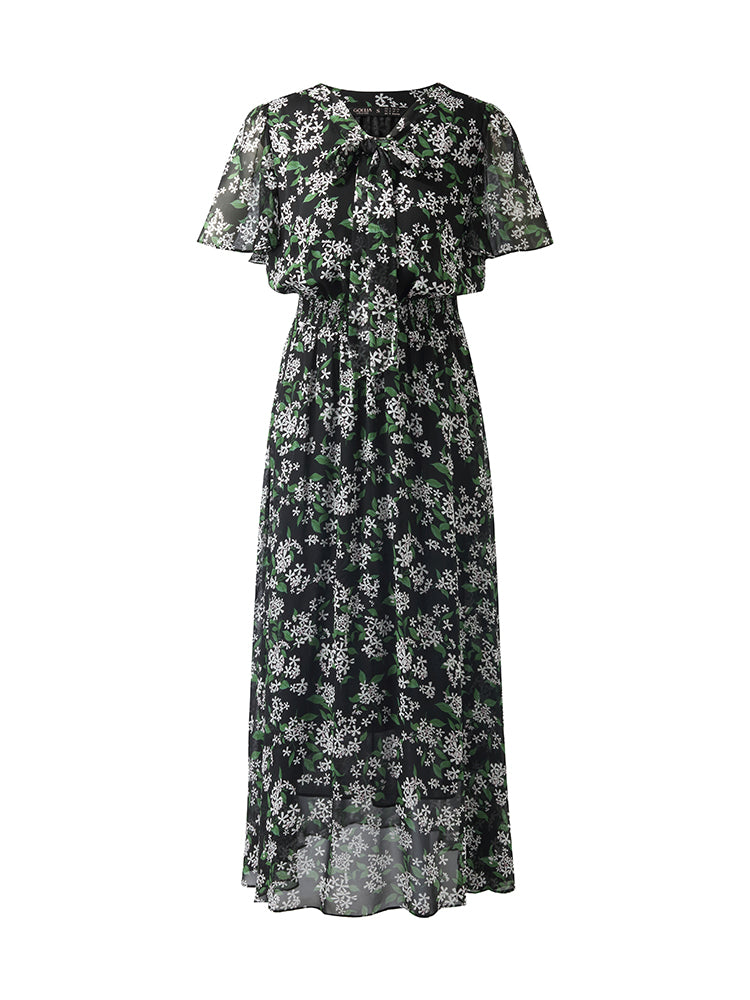 10 Momme Mulberry Silk Floral Printed Bow Tie Neck Women Midi Dress GOELIA