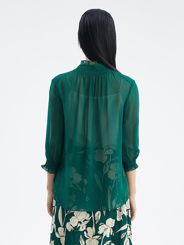 Green 10 Momme Silk Tied Women Blouse GOELIA