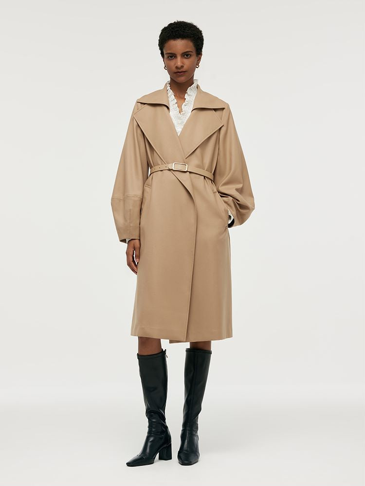 Worsted Wool Lantern Sleeve Women Trench Coat With Leather Belt GOELIA