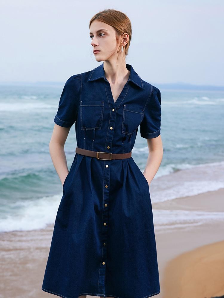 Gathered Waist Denim Mini Dress GOELIA