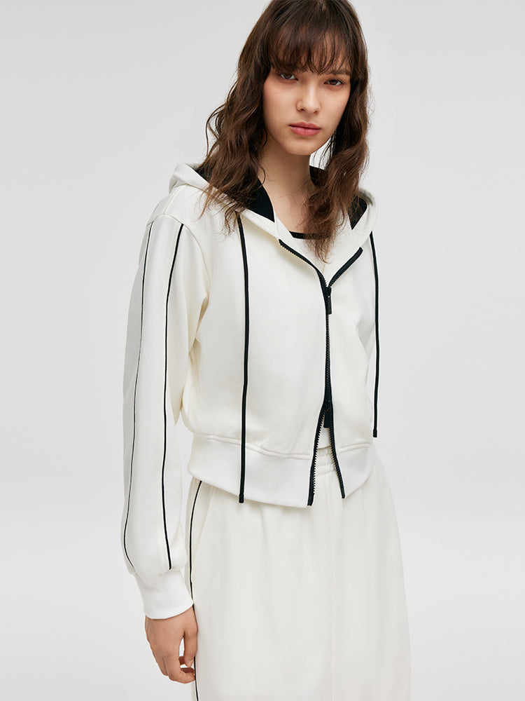 Contrast Trim Crop Zip-up Hoodie And Skirt Two-Piece Set GOELIA