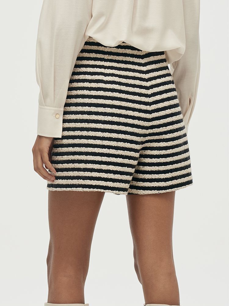 Black And White Stripe Tweed Women Shorts GOELIA