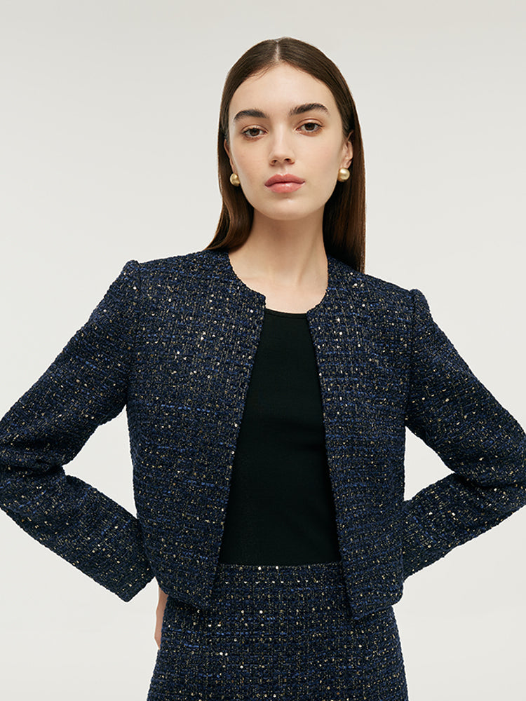 Tweed Women Crop Jacket With Detachable Lapel And Mini Dress Two-Piece Set GOELIA