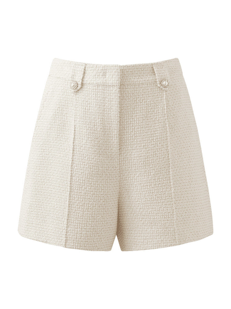 Ivory White Tweed A-Line Women Shorts GOELIA