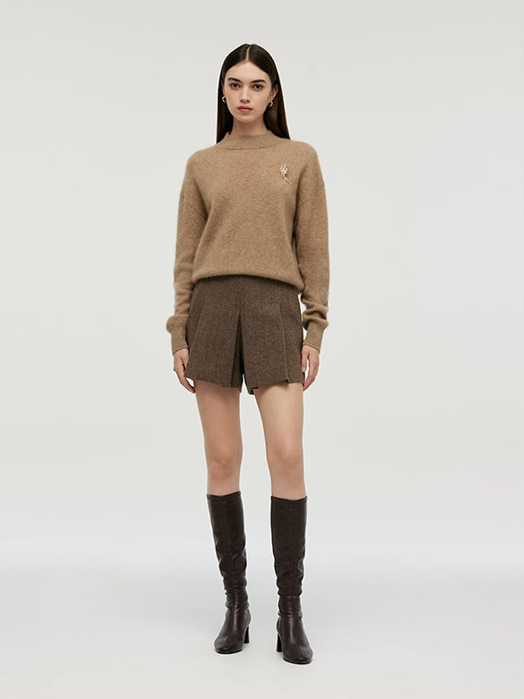 Cashmere Mock Neck Women Sweater With Wheat Ear Brooch GOELIA