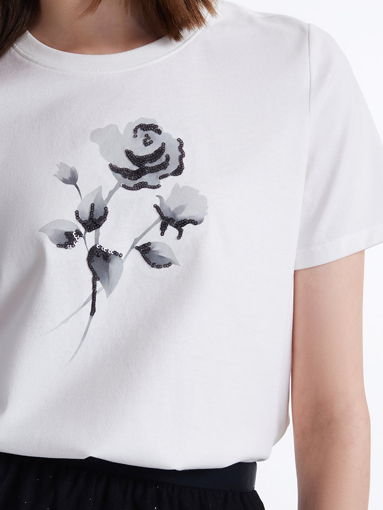 Rose Printed Sequins Women T-Shirt GOELIA