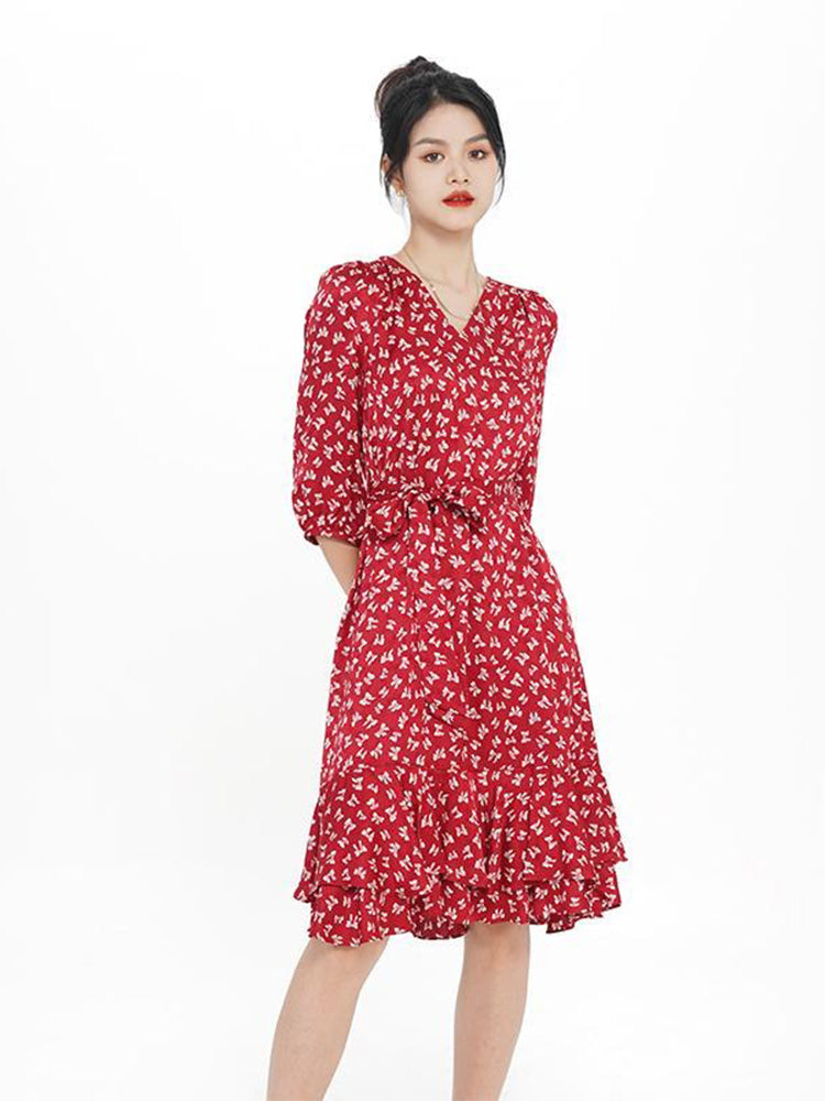 V-neck Floral Bowknot Midi Dress GOELIA