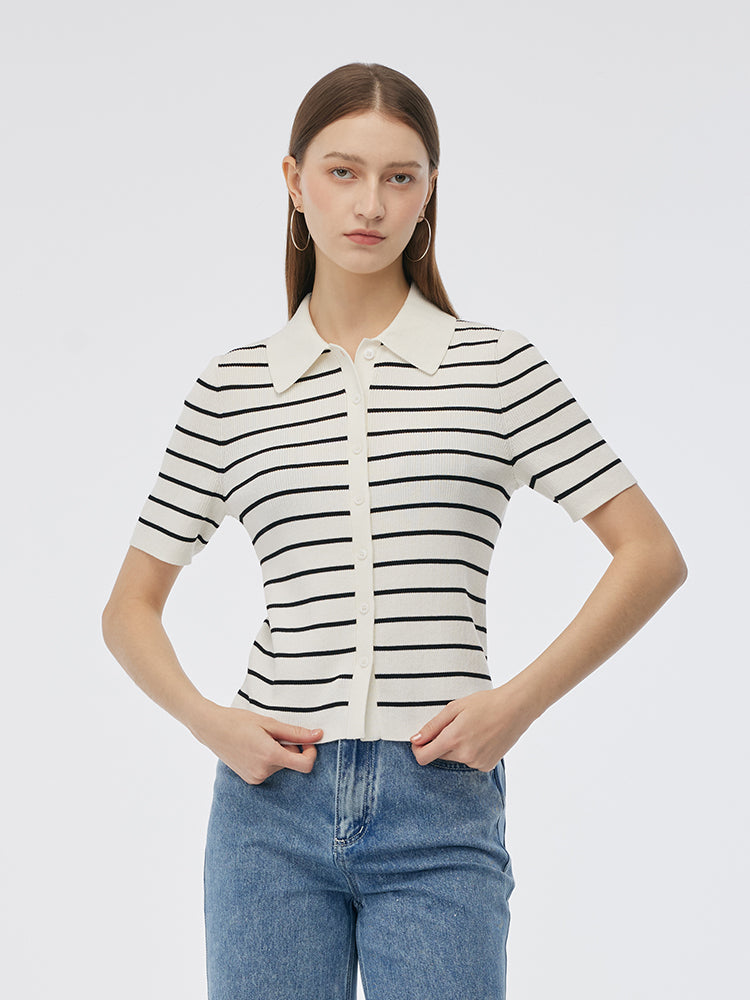 Tencel Stripe Women Short Sleeve Cardigan GOELIA