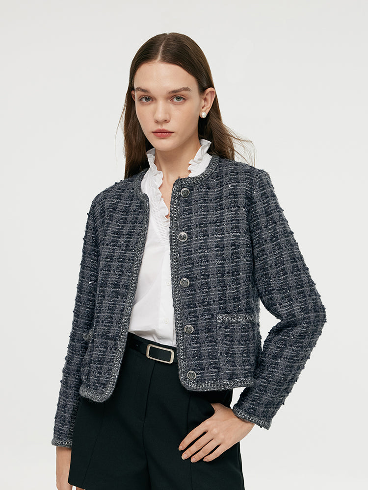 Wool Blend Tweed Sequins Women Crop Jacket GOELIA