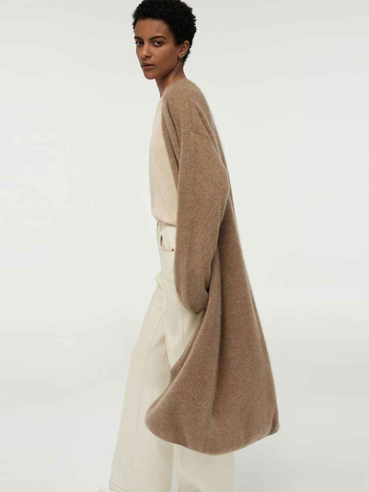 Light Camel Brushed Cashmere Long Women Cardigan GOELIA