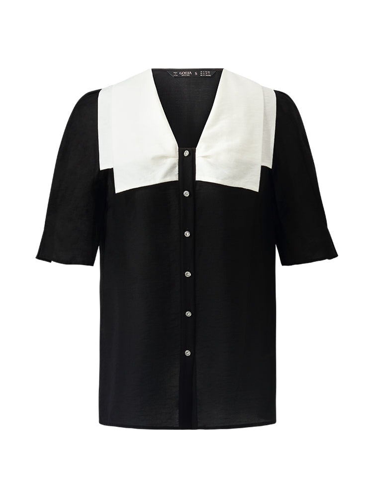 Tencel Patchwork Lapel Women Shirt GOELIA