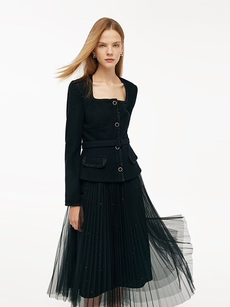 Wool Crop Jacket And Tulle Skirt Two-Piece Set With Belt GOELIA