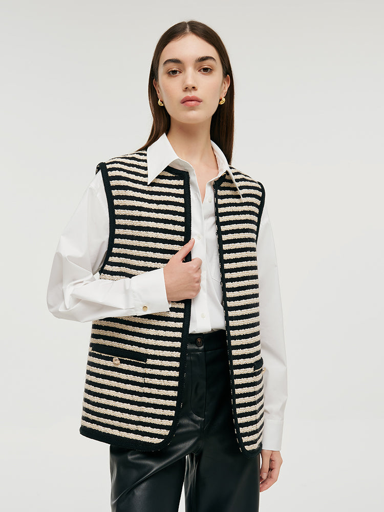 Wool Blend Tweed Black And White Stripe Women Vest GOELIA