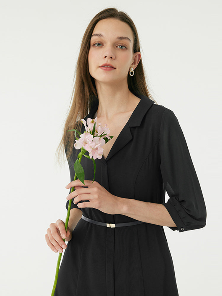 Black Gathered Waist Midi Dress GOELIA