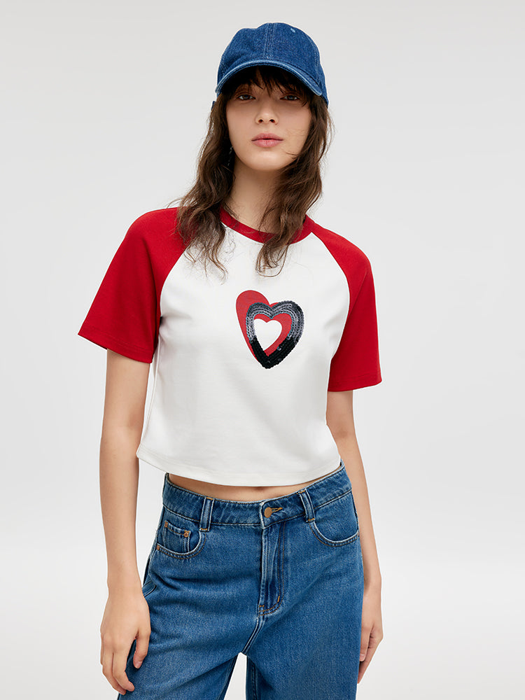 Raglan Sleeves Heart Printed Sequins Women Crop T-Shirt GOELIA