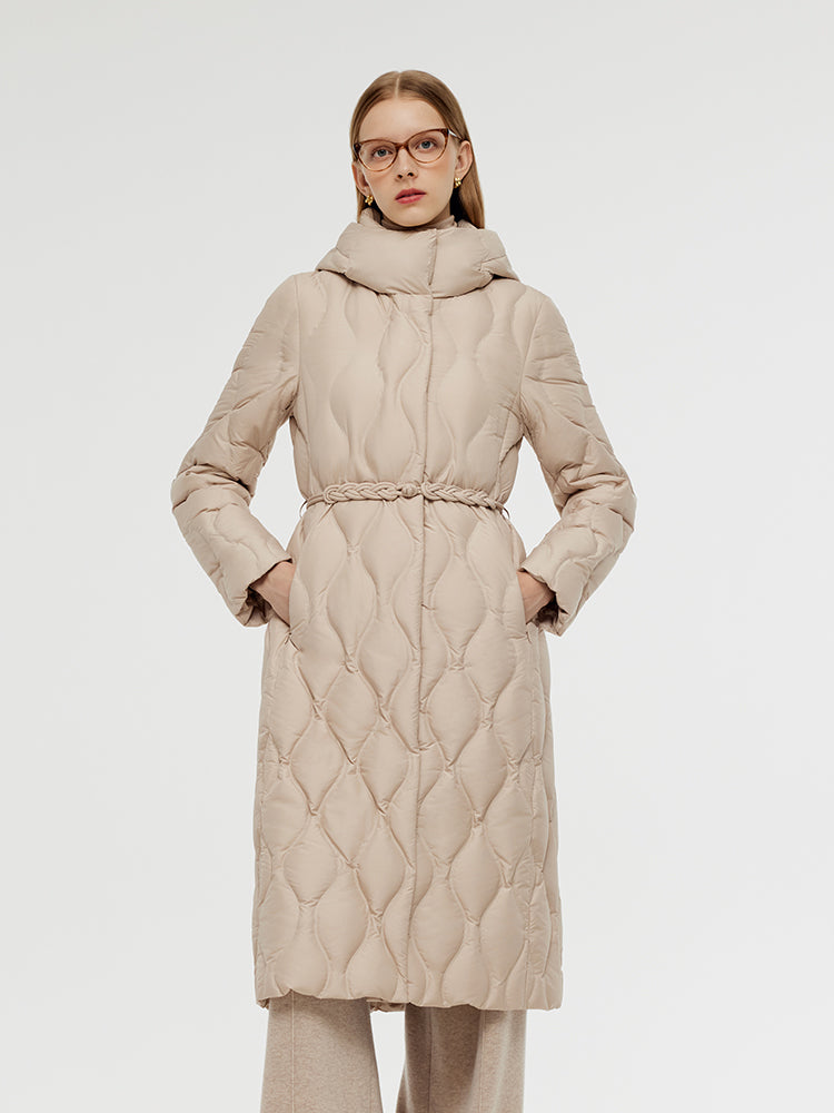 Gathered Waist Long Goose Down Coat With Belt GOELIA