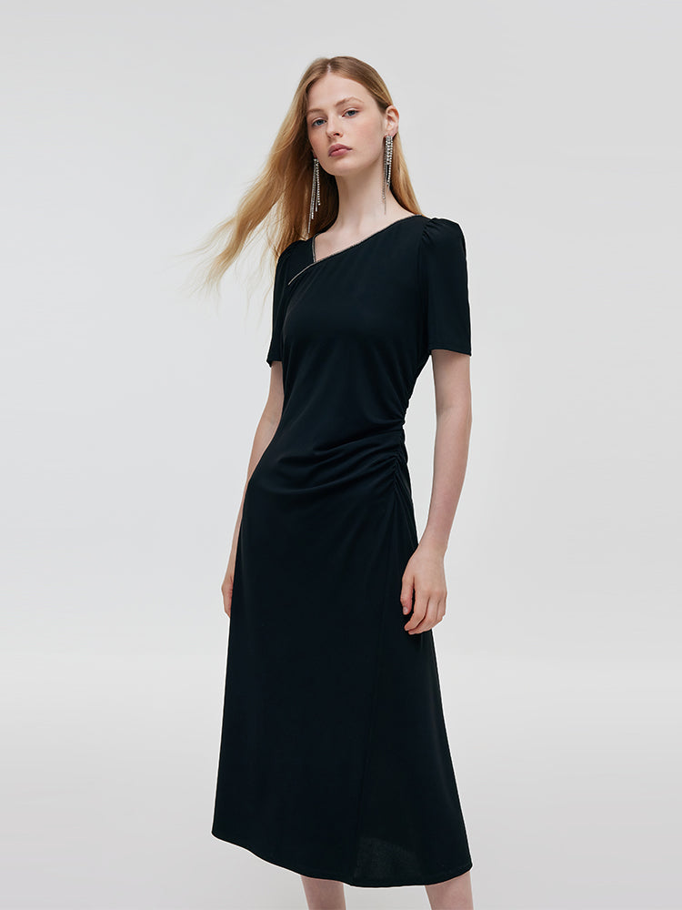 Acetate Asymmetric Neck Women Midi Dress GOELIA