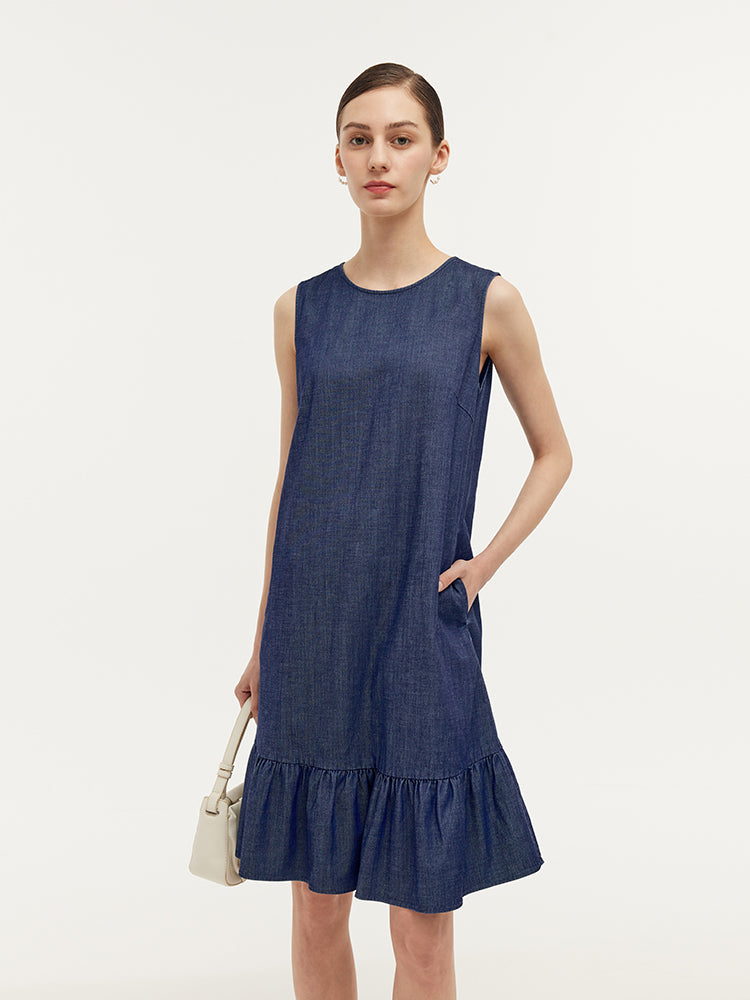 Lyocell Denim A-Line Women Midi Vest Dress GOELIA