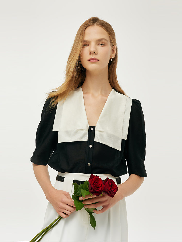 Tencel Patchwork Lapel Women Shirt GOELIA