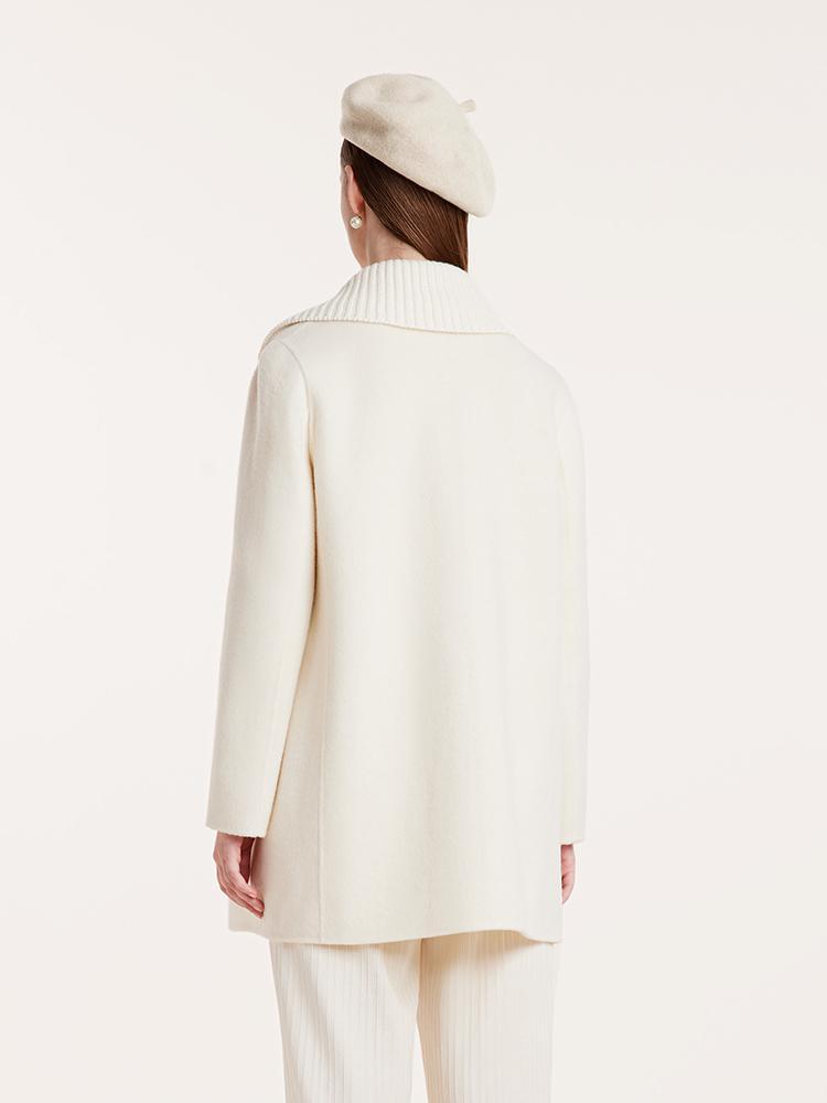 White Mid-Length Double-Faced Wool Women Coat With Detachable Collar GOELIA