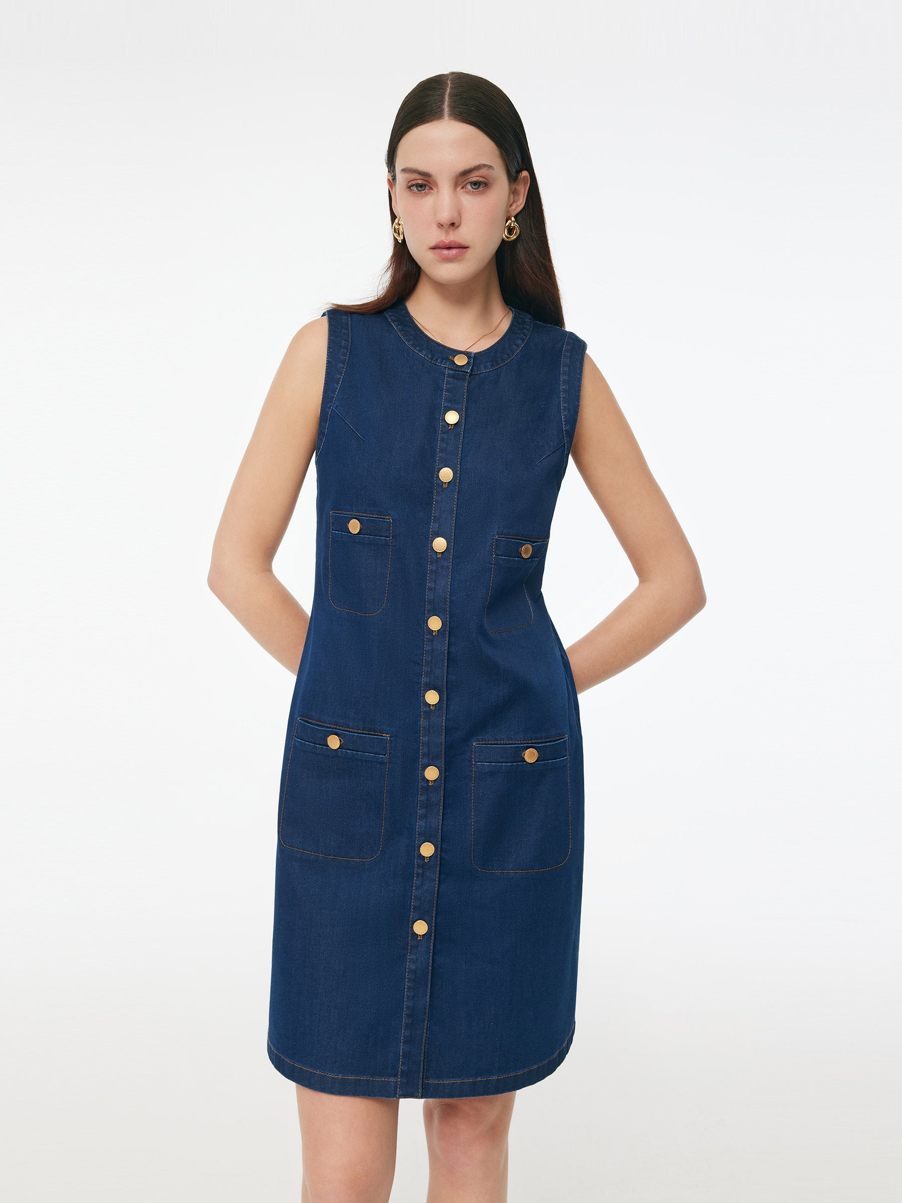 Denim Stretch Front Button Women Mini Dress GOELIA