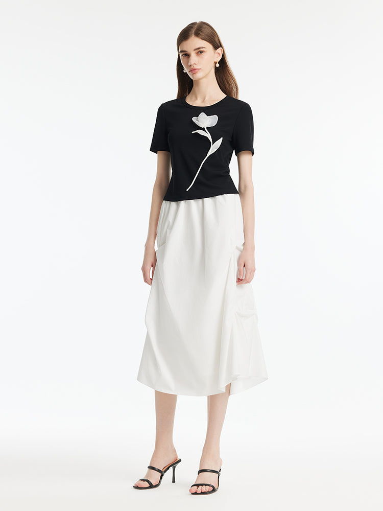 3D Rose T-Shirt And Ruched Skirt Two-Piece Set GOELIA