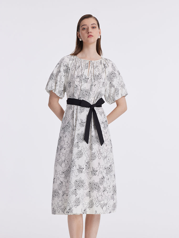 Puff Sleeves Iris Printed Women Midi Dress With Belts GOELIA