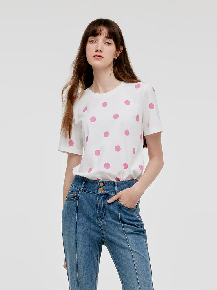 Polka Dots Printed Round Neck Women T-Shirt GOELIA