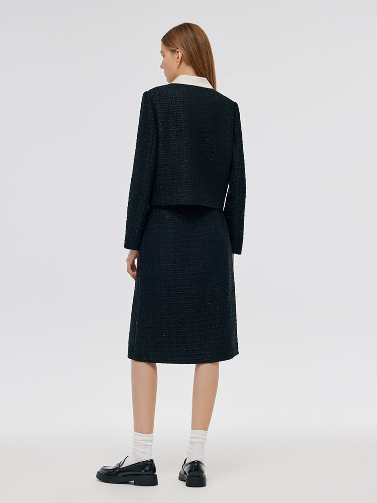 Tweed Crop Jacket And A-Line Skirt Two-Piece Set With Detachable Contrast Collar GOELIA