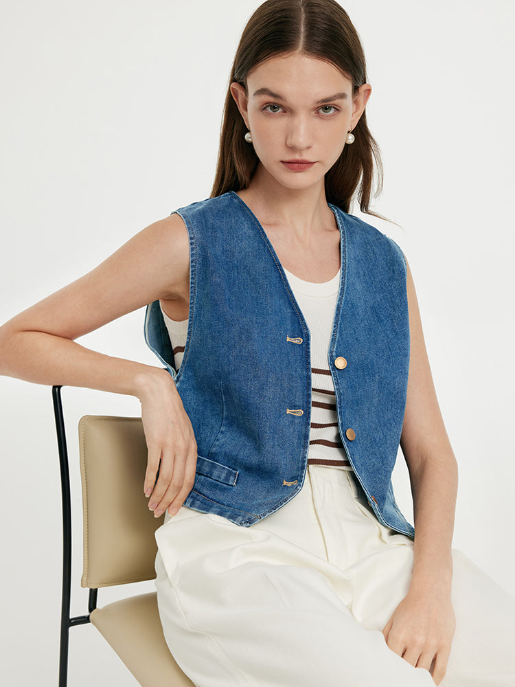 Single-Breasted Women Denim Crop Vest GOELIA