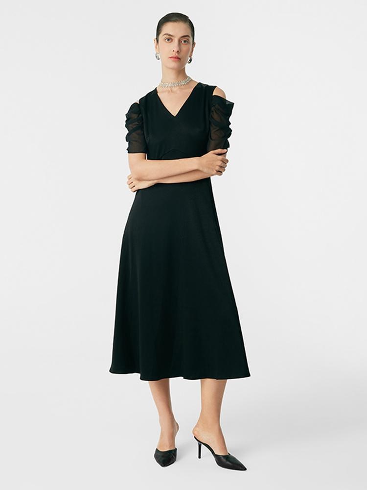 Black Triacetate Gathered Waist V-Neck Midi Dress GOELIA