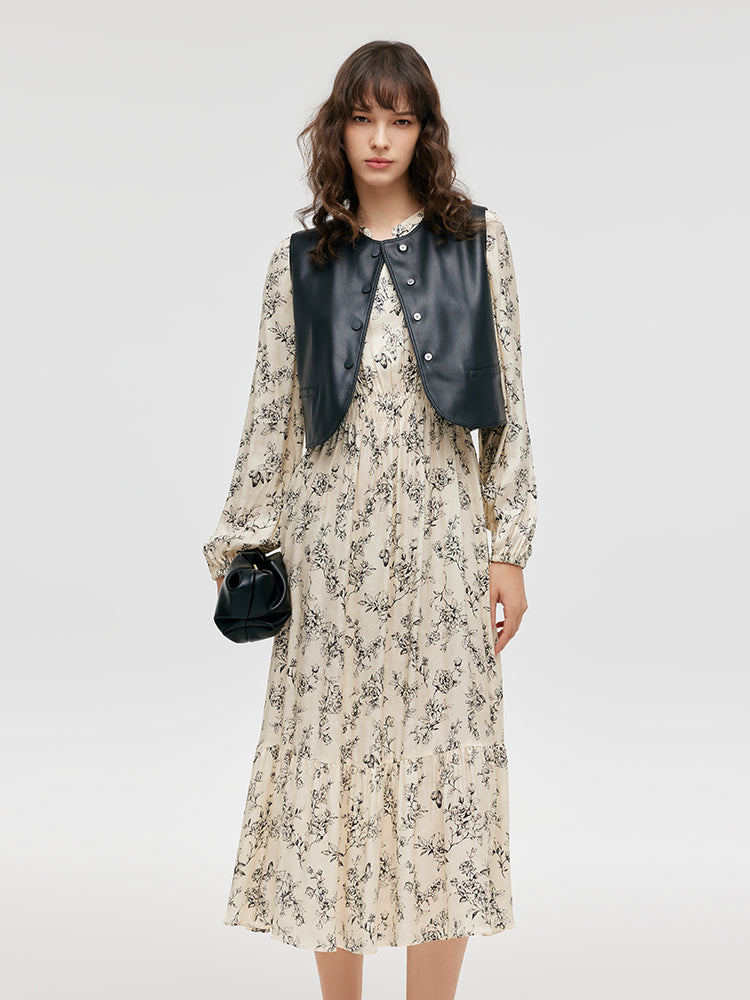 Eco-Friendly Fur Vest And Floral Printed Dress Two-Piece Set GOELIA