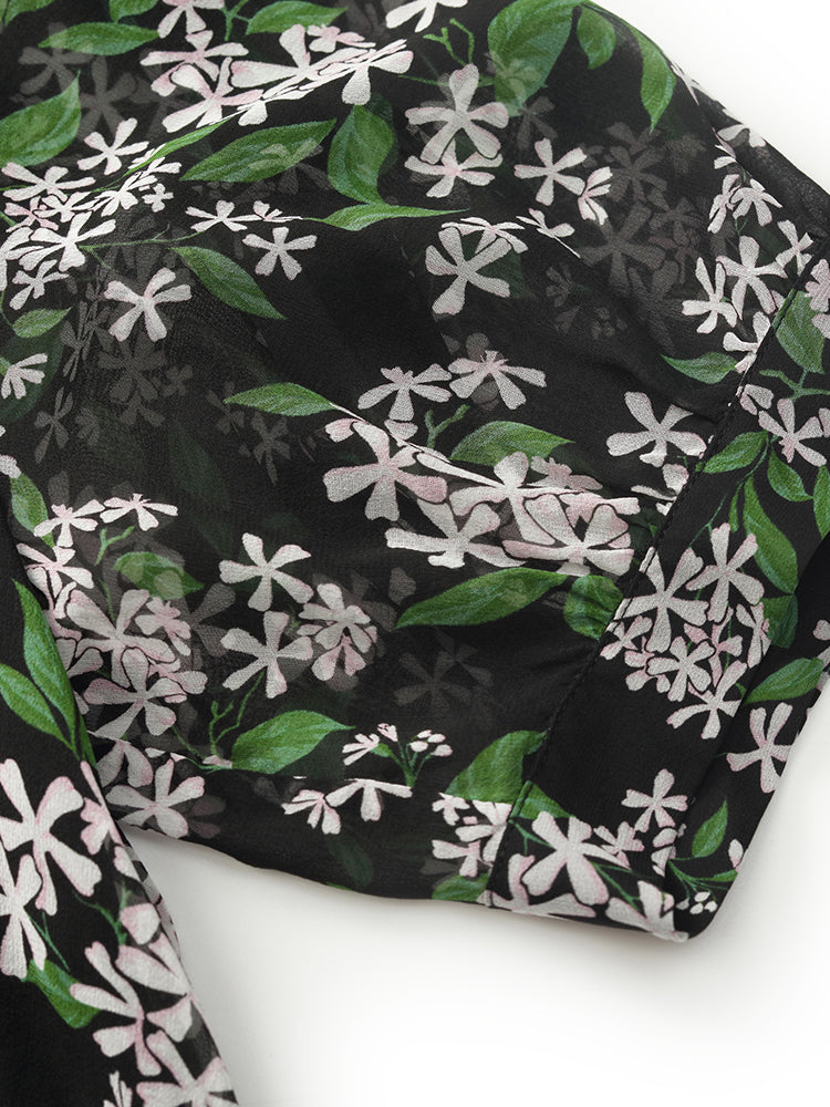10 Momme Mulberry Silk Floral Printed Women Midi Dress GOELIA