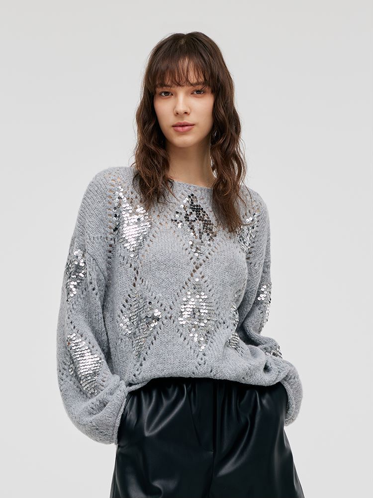 Mohair Argyle Sequins Pullover Women Sweater GOELIA