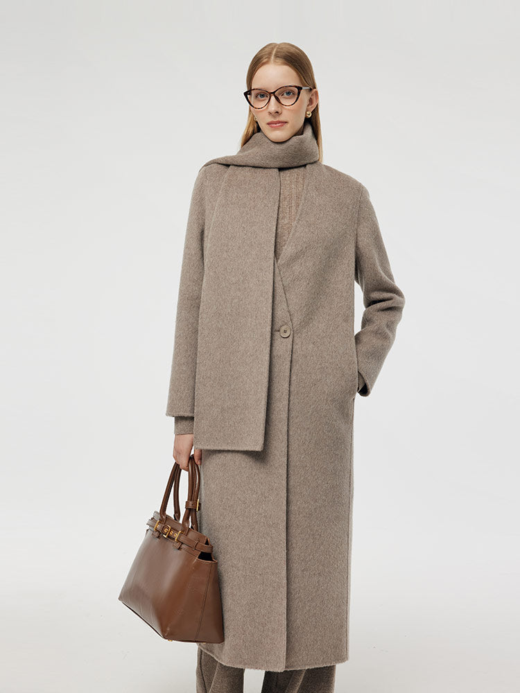 Wool Alpaca Women Overcoat With Scarf GOELIA