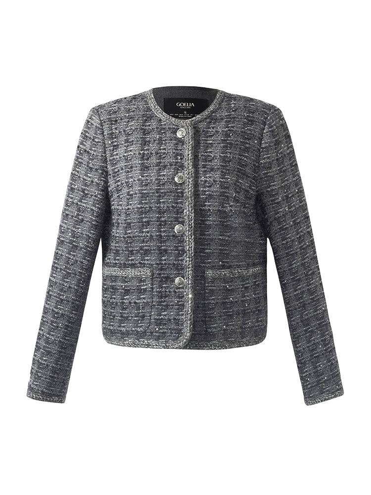 Wool Blend Tweed Sequins Women Crop Jacket GOELIA