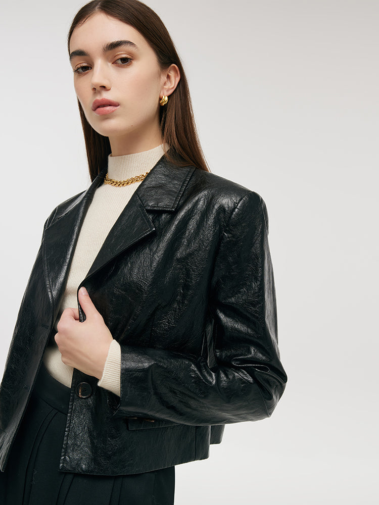 PU Leather Lapel Single-Breasted Women Crop Jacket GOELIA