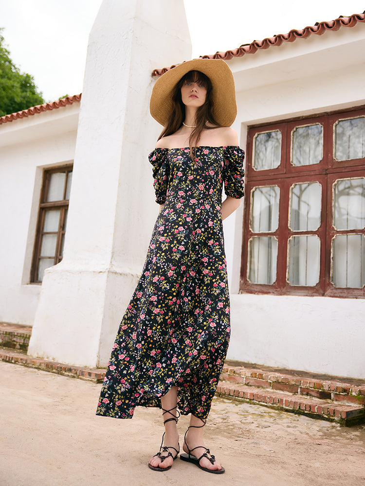 Mulberry Silk Rose Printed Women Maxi Dress GOELIA